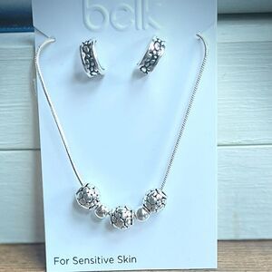 Silver Tone Bali Sensitive Skin Beaded Necklace and C Hoop Earring Set